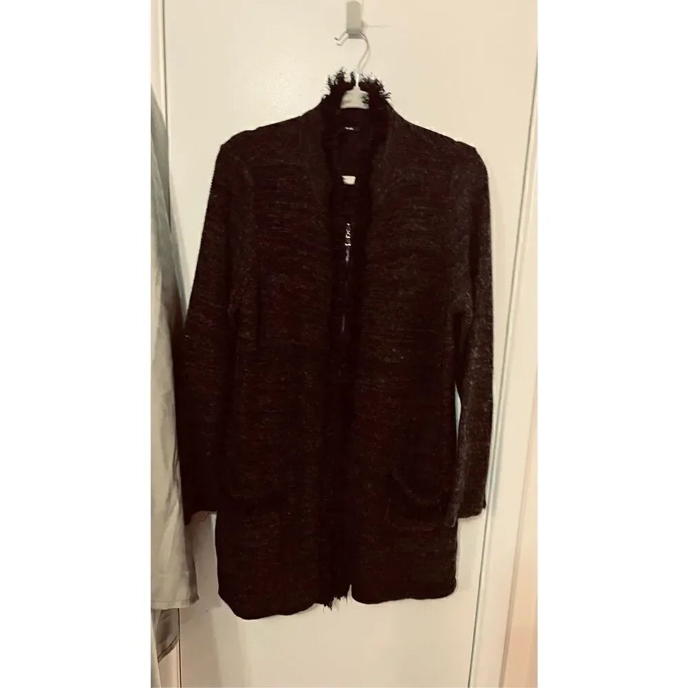 TAHARI CHARCOAL GRAY ZIP UP SWEATER FRINGE TRIM WOMENS SZ XL